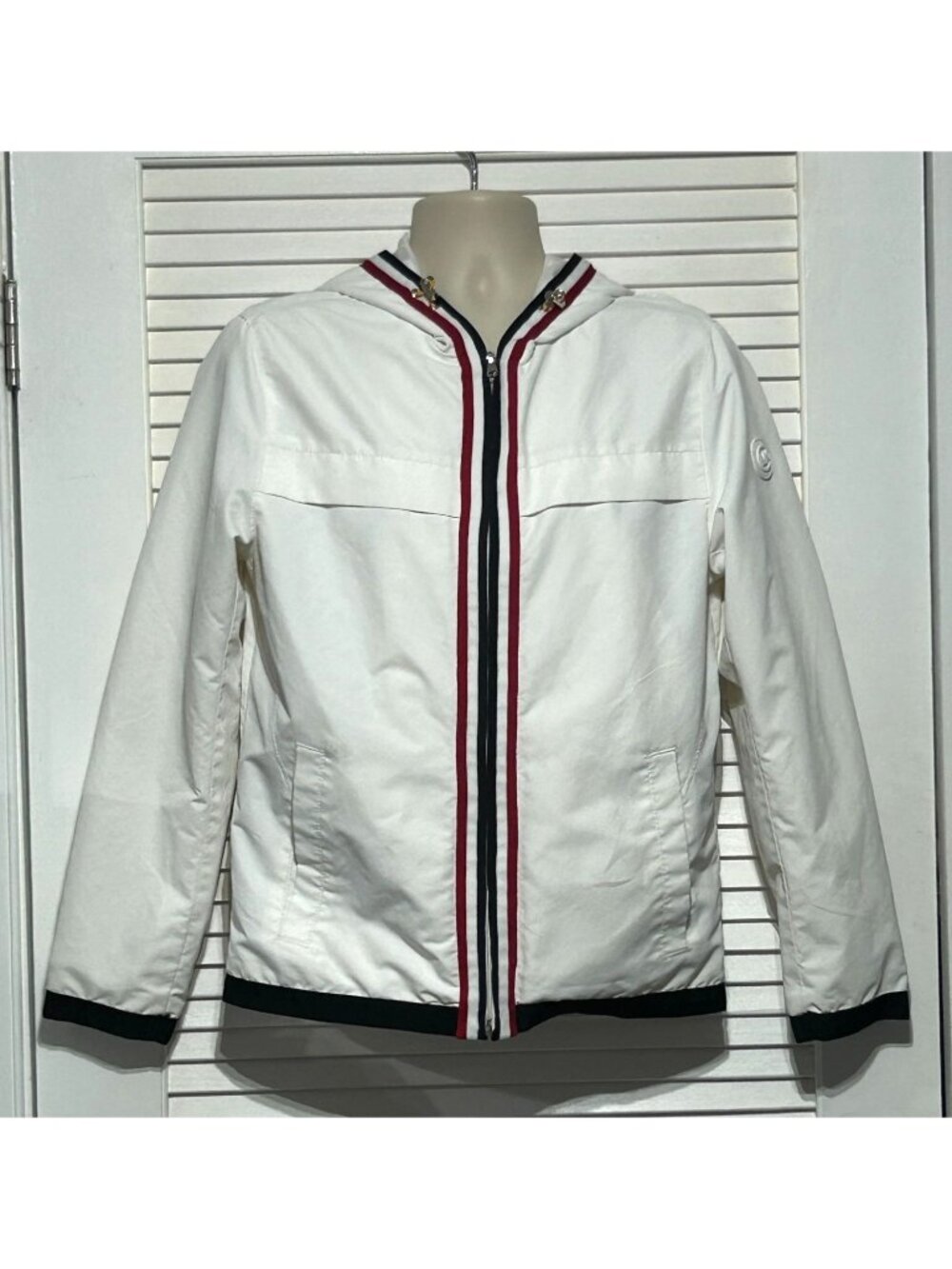 Michael Kors Men's White Stripes Red Blue Hooded Zip-Up Jacket Size Small 3059